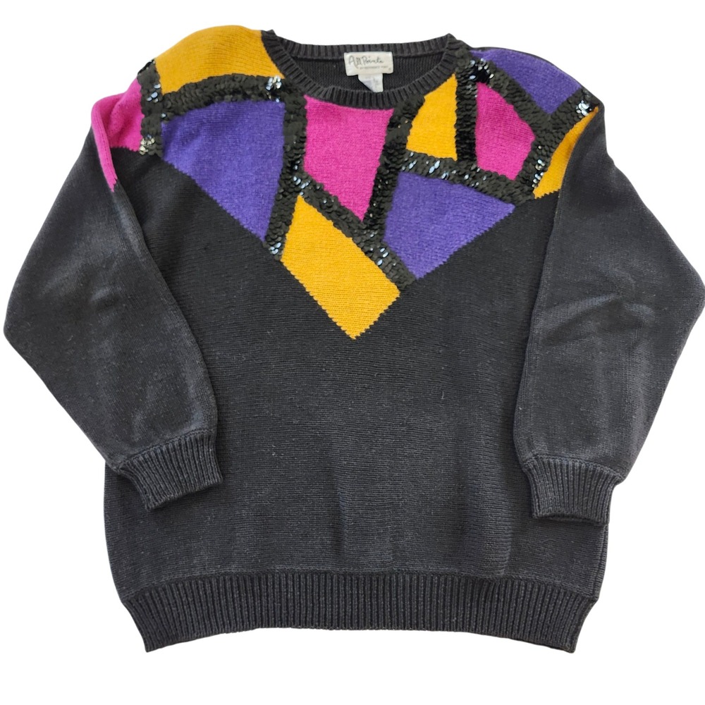 Vintage All Points Geometric Color Block Sequin Sweater Retro Knit women's L